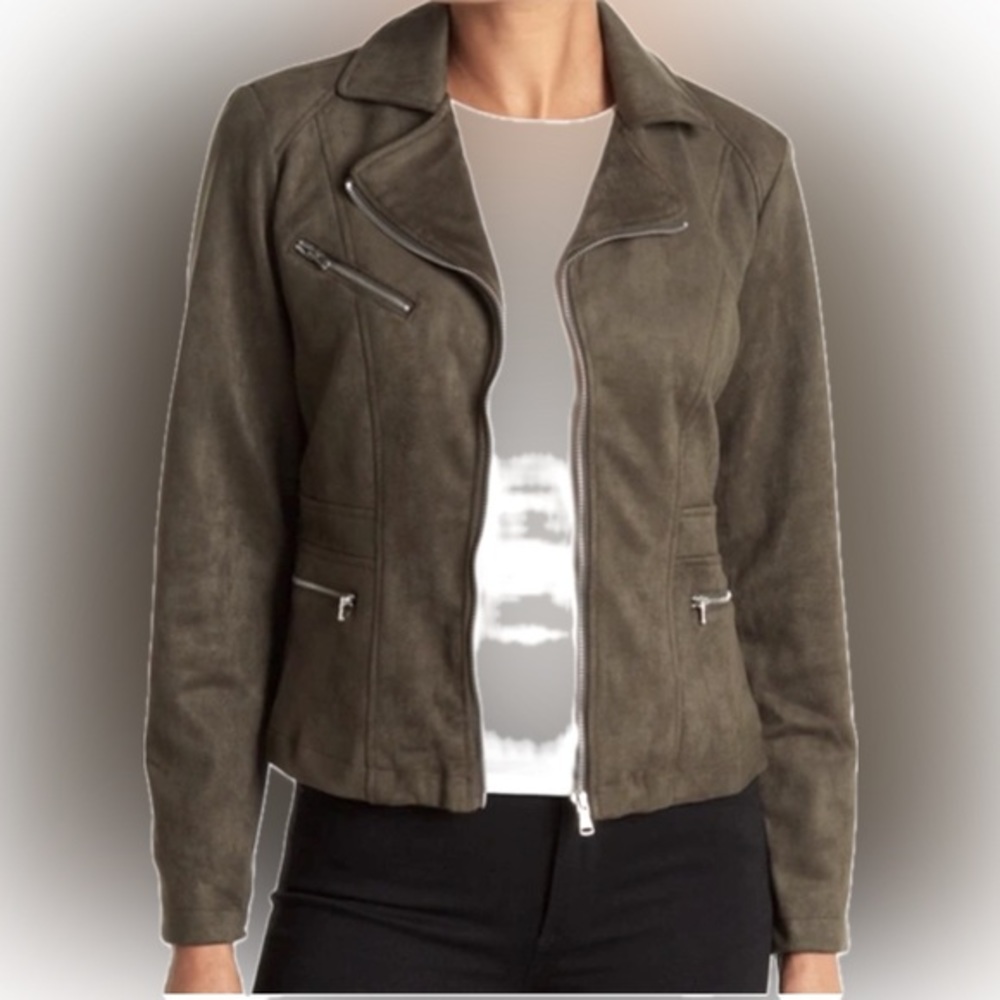 Ookie & Lala Scuba Faux Suede Moto Jacket Olive Green Size Small